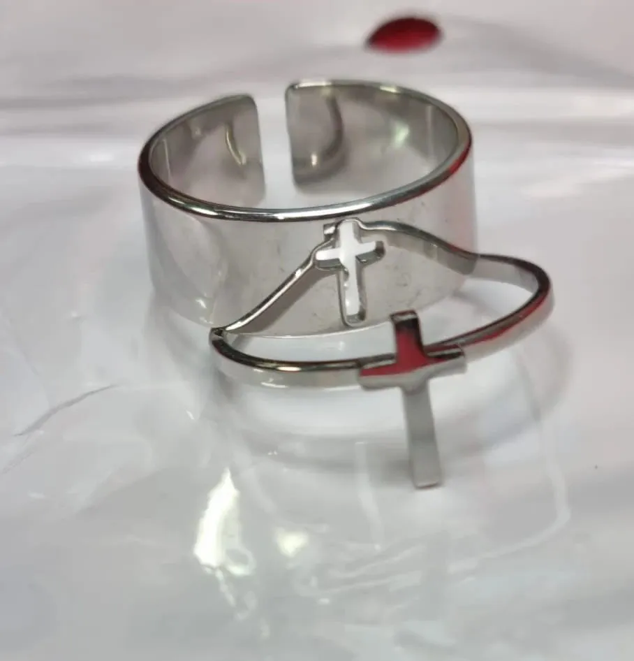 Religious Couple Rings Set | Adjustable Cross Ring | Silver Sideway Cross Promise Ring