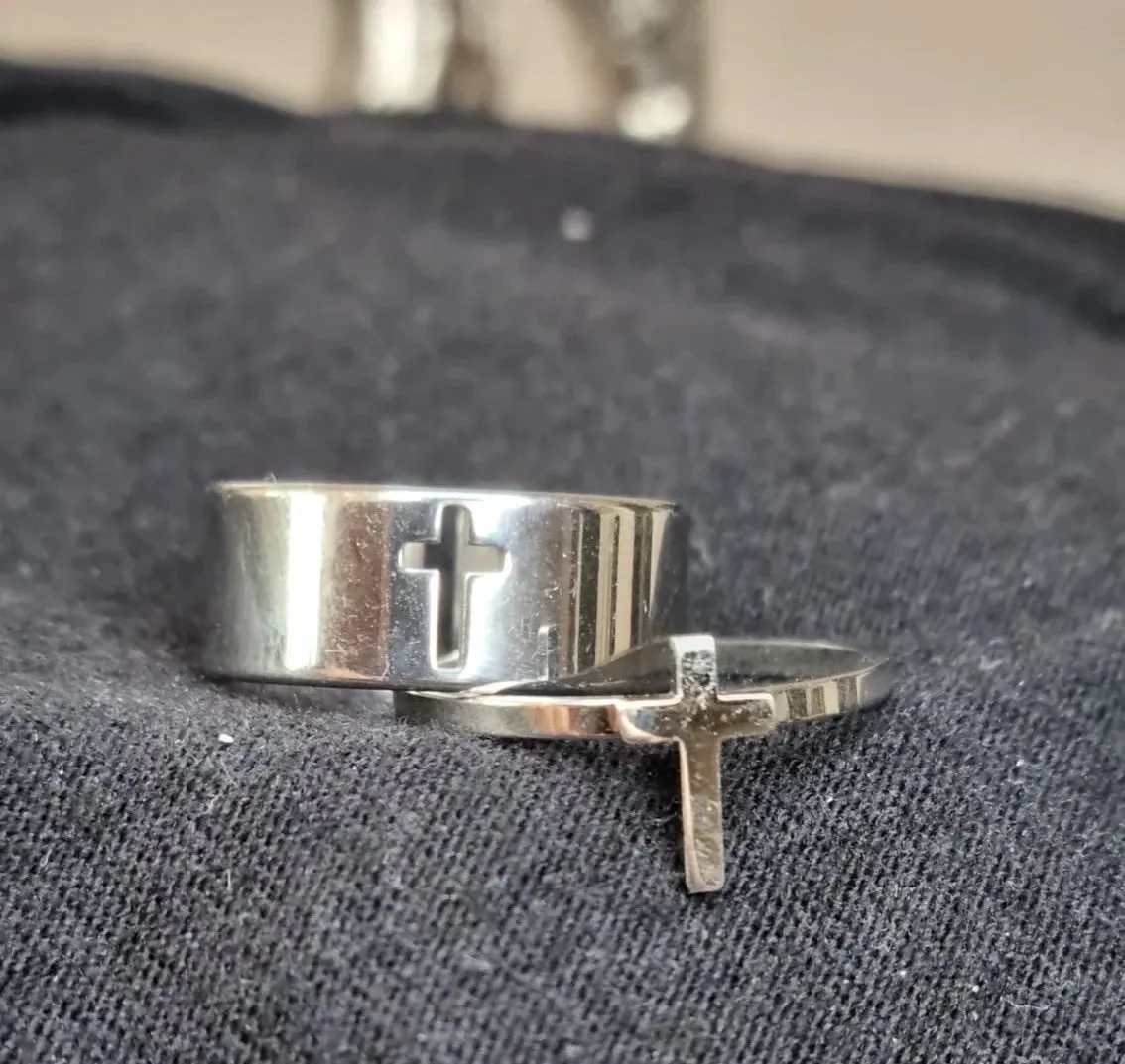 Religious Couple Rings Set | Adjustable Cross Ring | Silver Sideway Cross Promise Ring