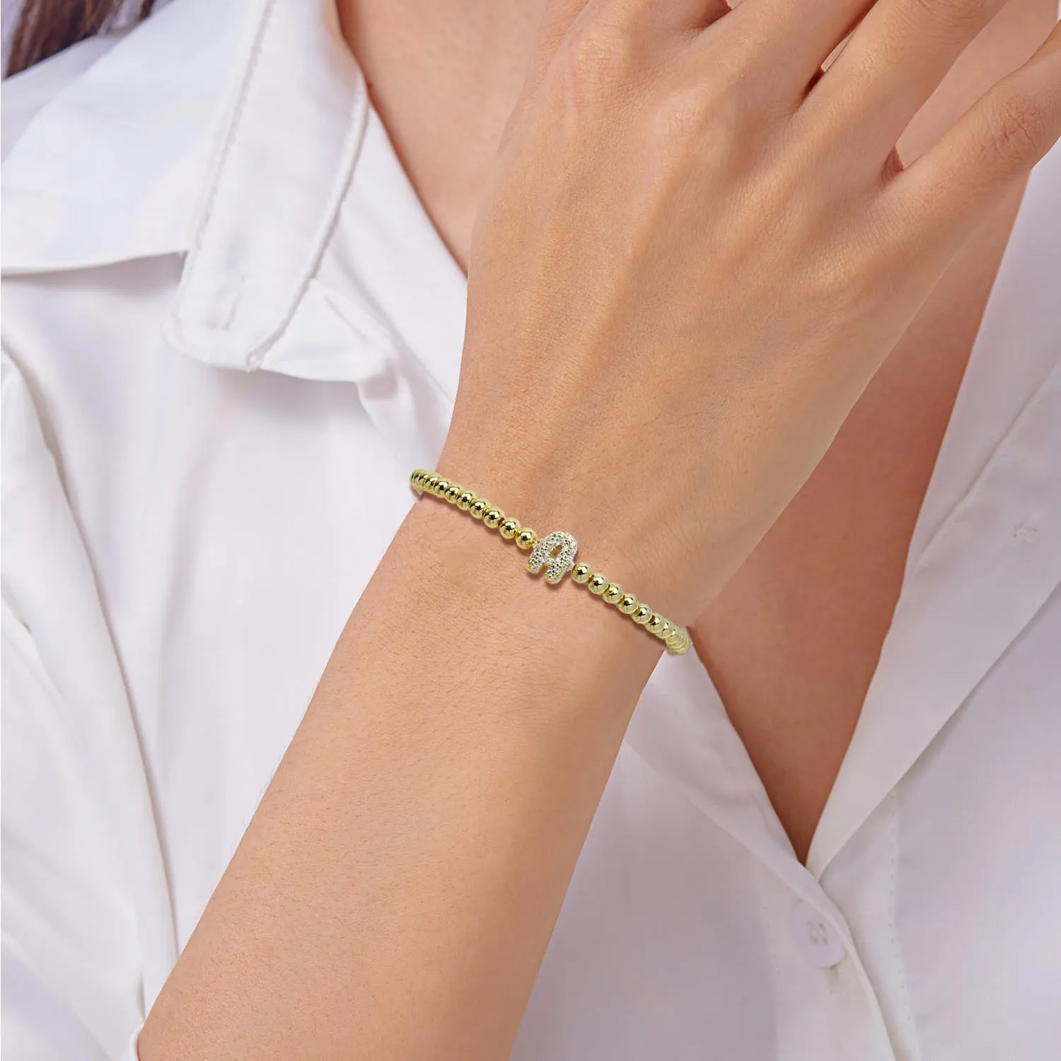 RINHOO Initial Bracelets for Women Dainty 18K Gold Plated Strand Beaded Bracelets with A-Z Crystal Letter Charm Jewelry Gifts for Mother's Day Christmas
