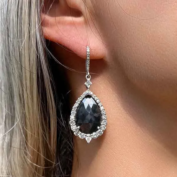Rose Cut Black Diamond & White Diamond Drop Earrings