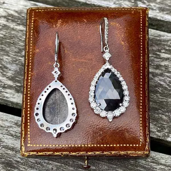 Rose Cut Black Diamond & White Diamond Drop Earrings