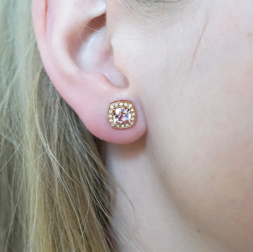 Rose Gold Morganite & Diamond Halo Earrings