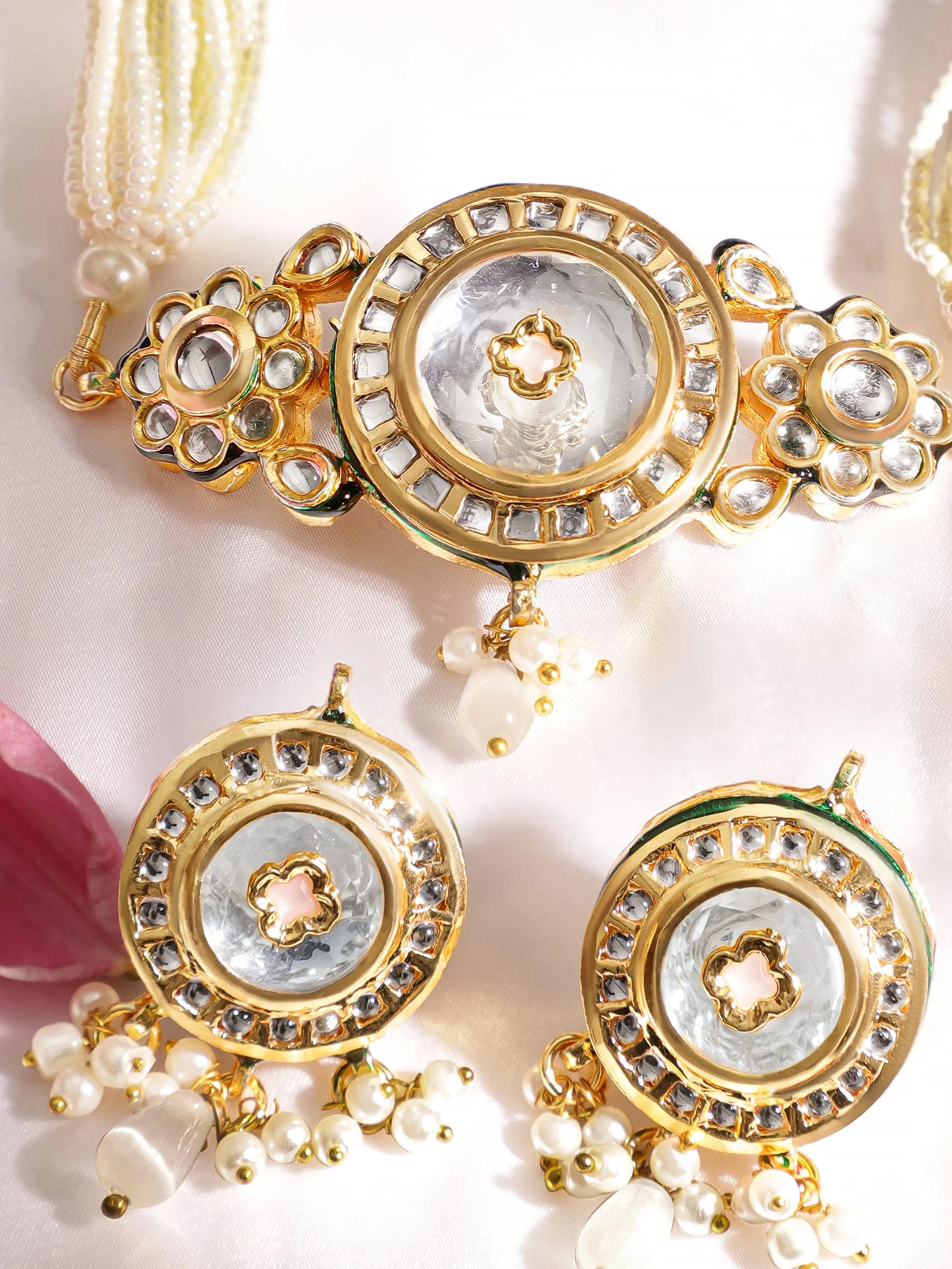 Rubans 22K Gold plated Enamel And Kundan crystal with pearl beaded choker Necklace Set