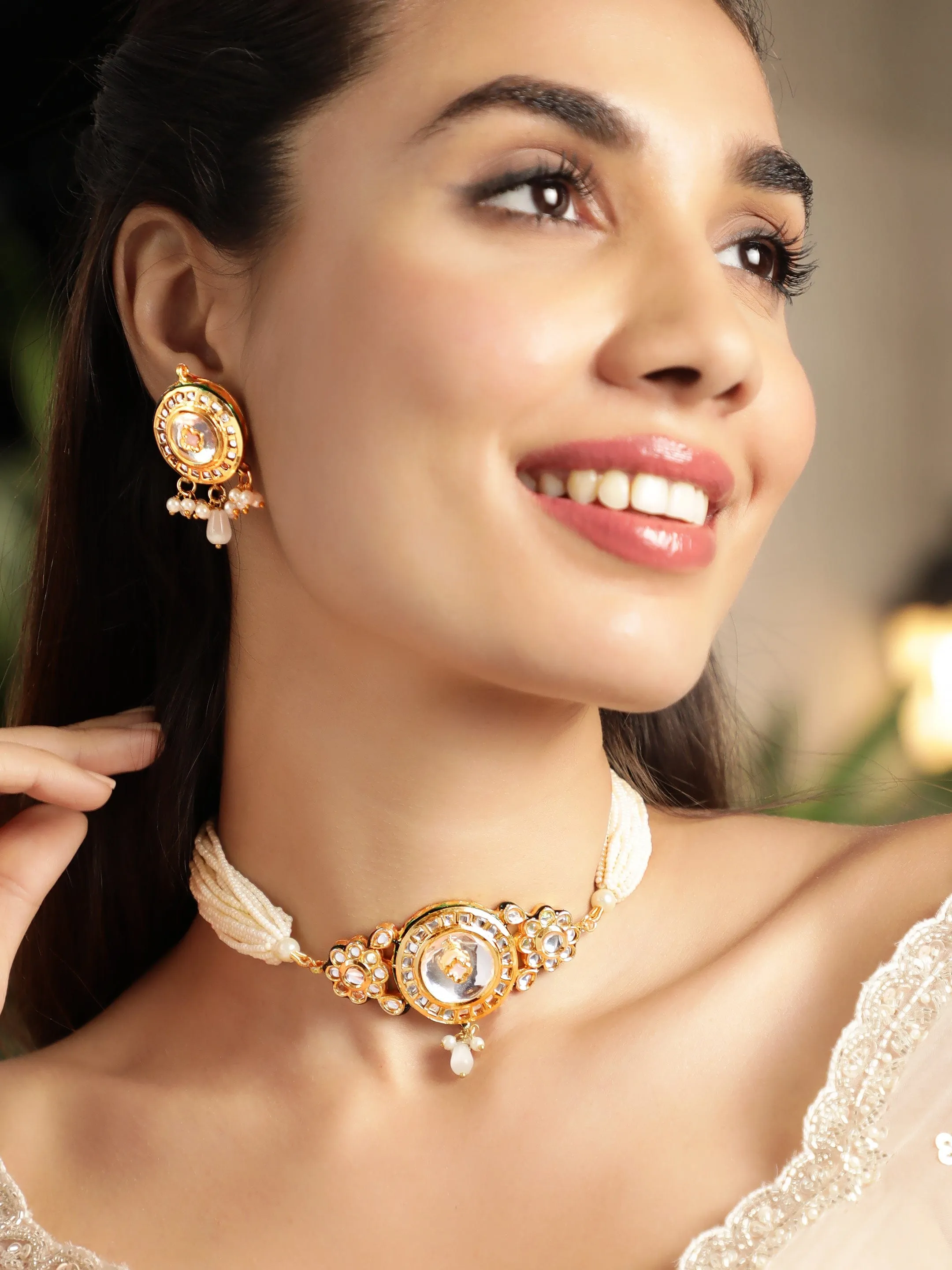 Rubans 22K Gold plated Enamel And Kundan crystal with pearl beaded choker Necklace Set