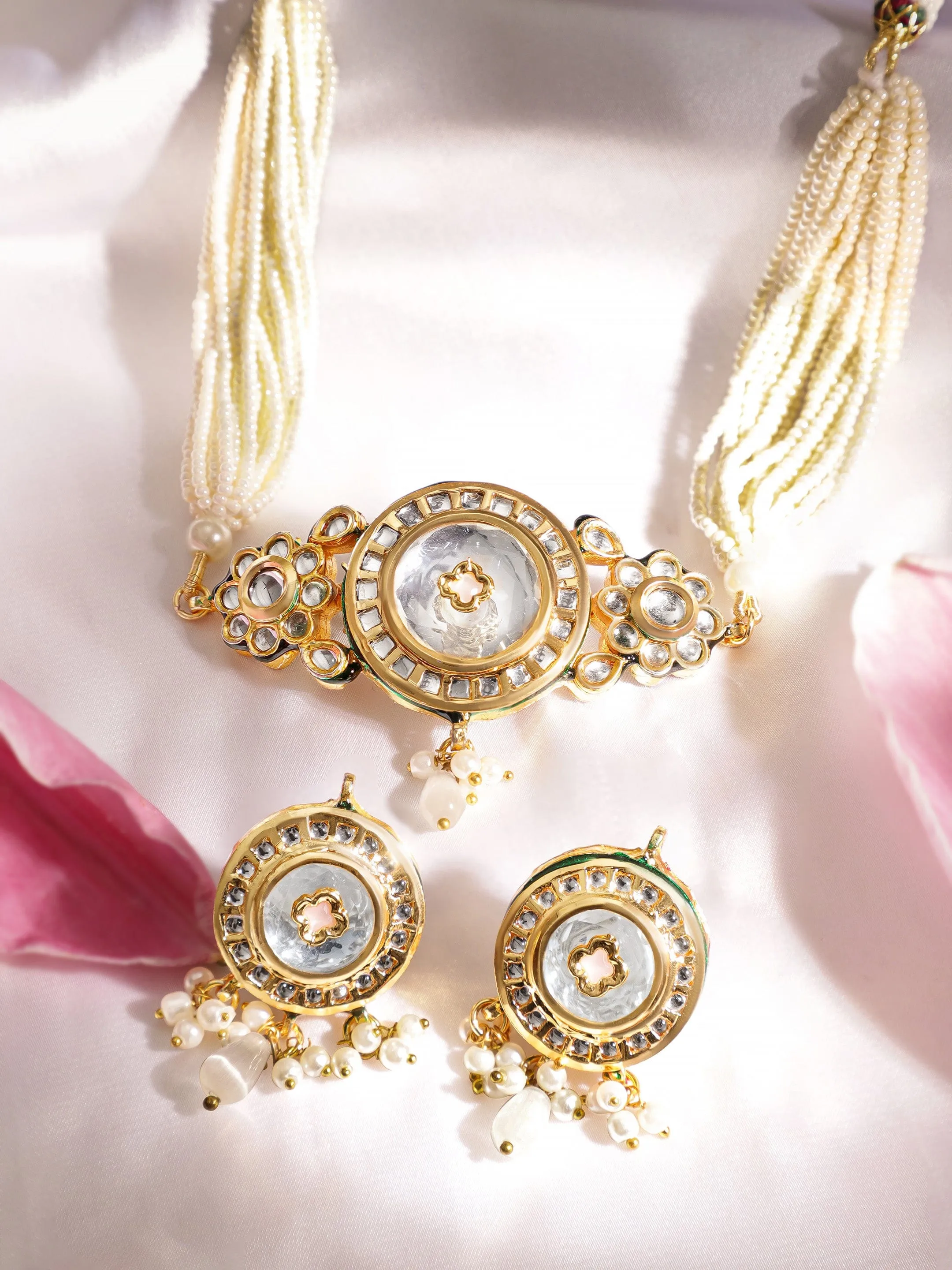 Rubans 22K Gold plated Enamel And Kundan crystal with pearl beaded choker Necklace Set