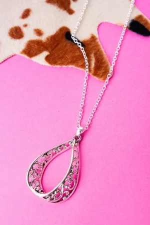 Saranna Scroll Teardrop Silvertone Necklace