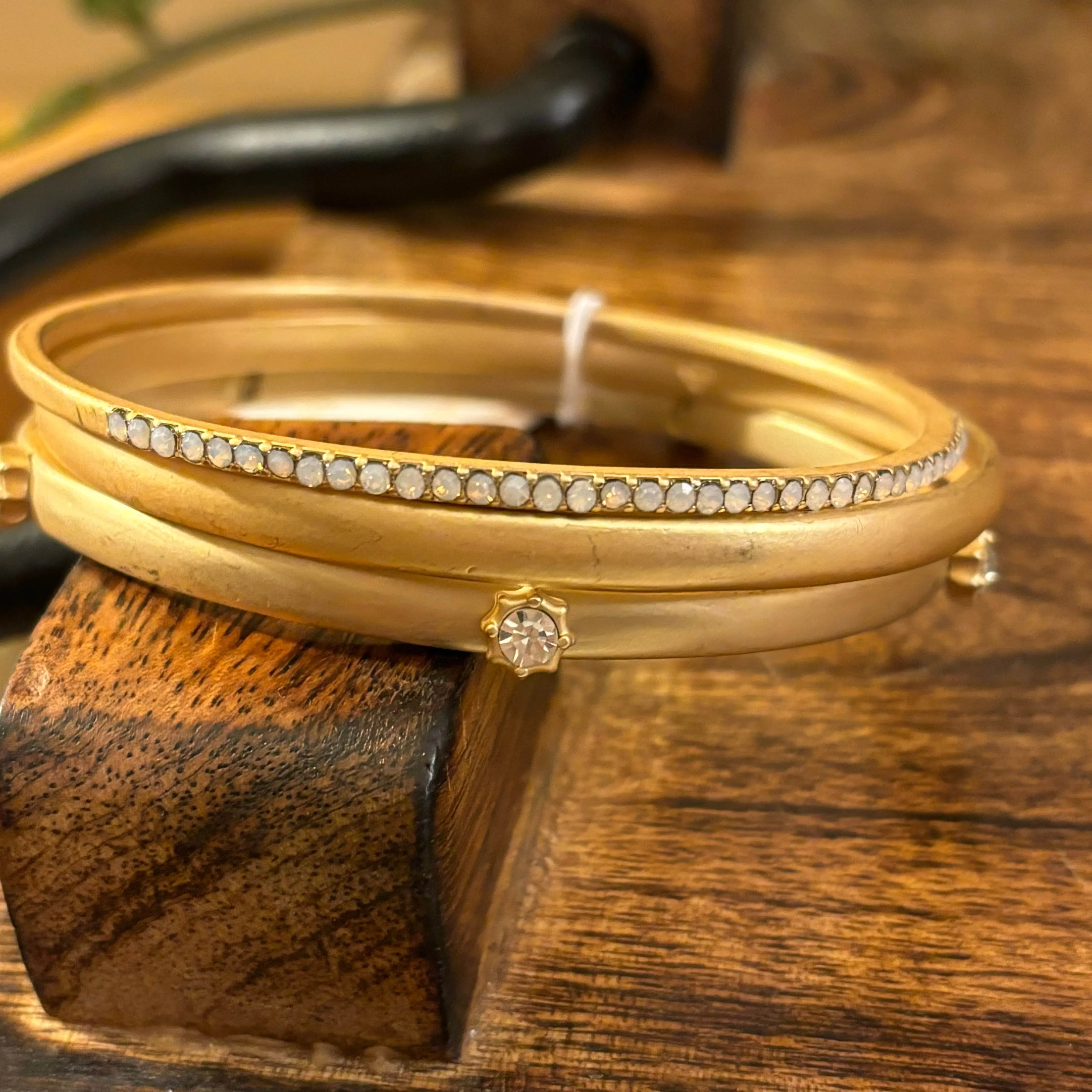 Set of 3, Clear Circular Burst, Gold, and Moonstone Bracelet