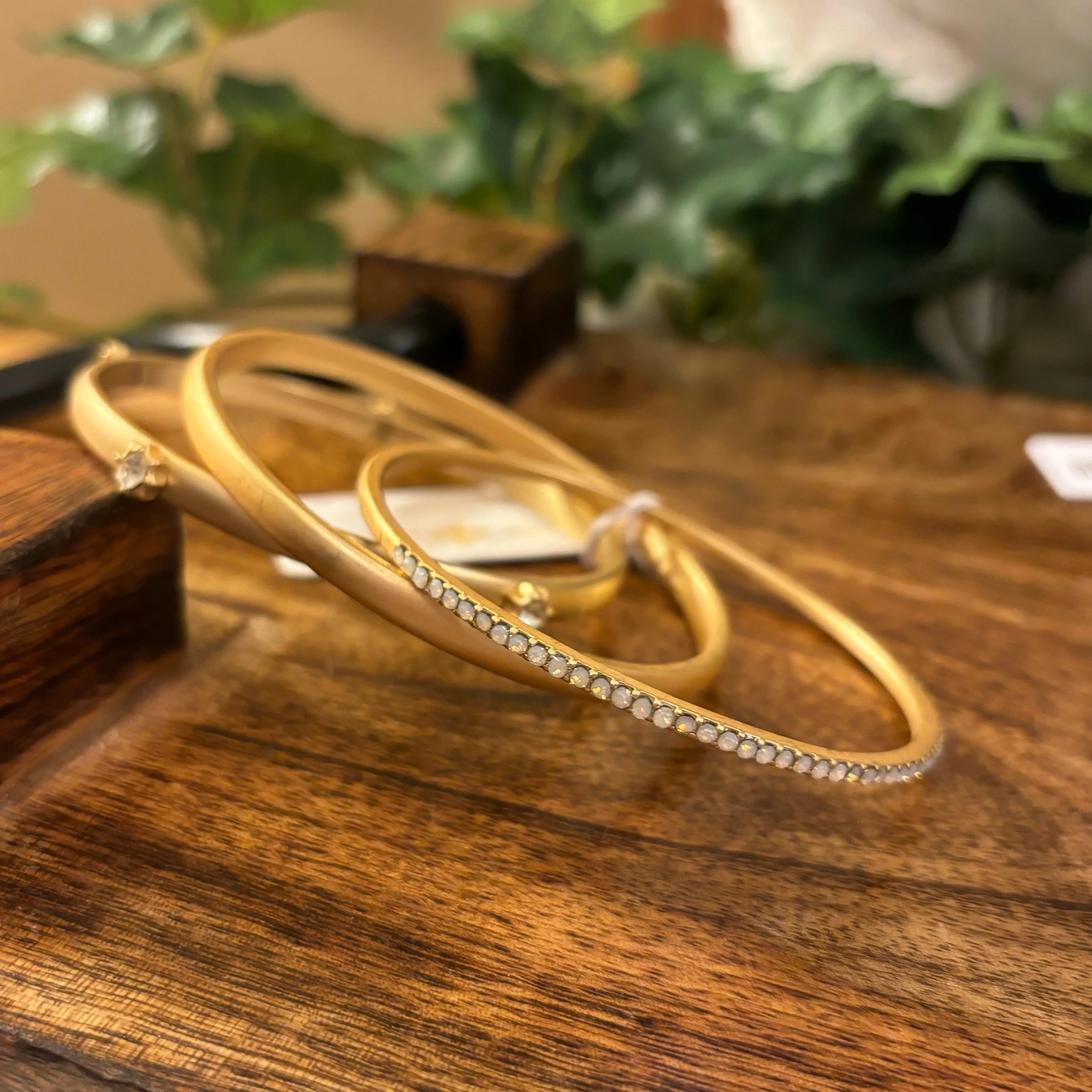 Set of 3, Clear Circular Burst, Gold, and Moonstone Bracelet