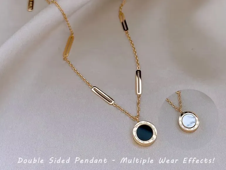 Shell Black and White Roman Wafer Pendant  Necklace