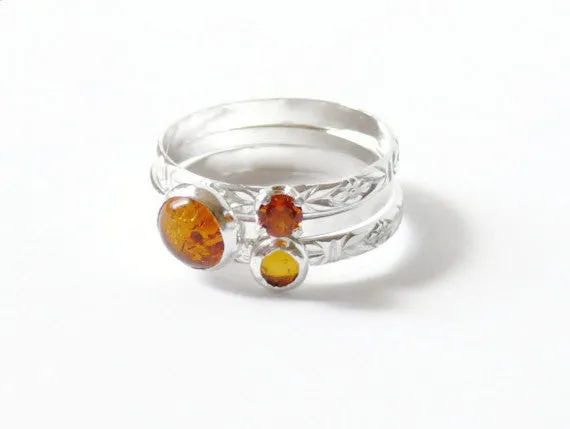 Silver amber rings honey gold Stacking gemstone rings set sterling silver rings amber and citrine rings
