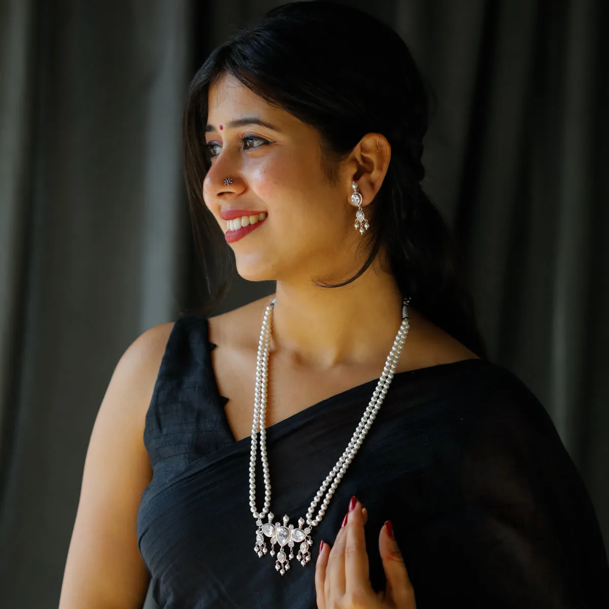 Silver Double Line Pearl Tanmani Set with Crystals