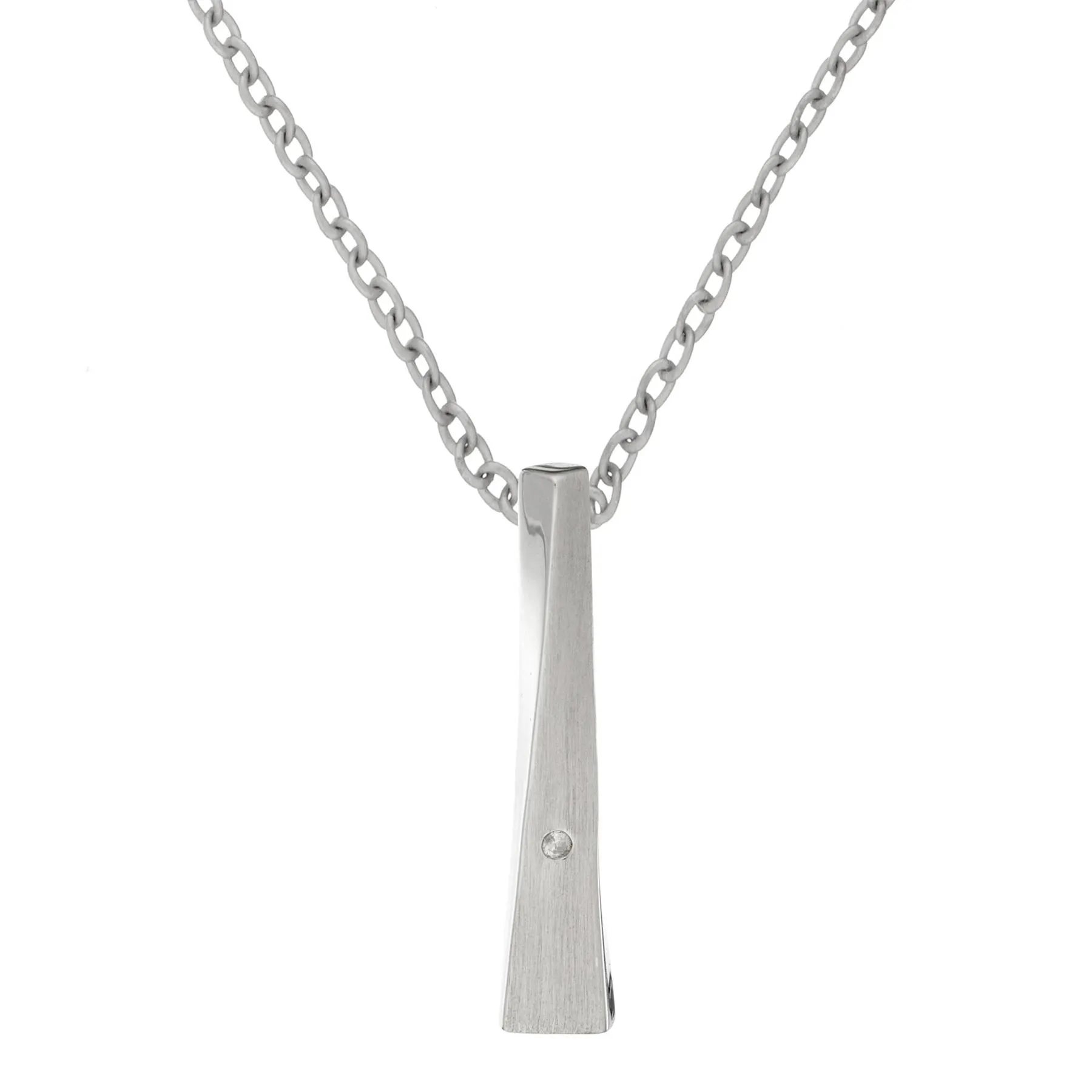 Sterling Silver Modern Twisted Bar Pendant Necklace With Diamond