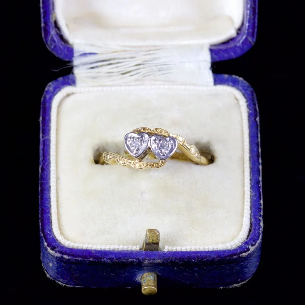 Vintage Double Heart Diamond Ring 18Ct Gold 1971