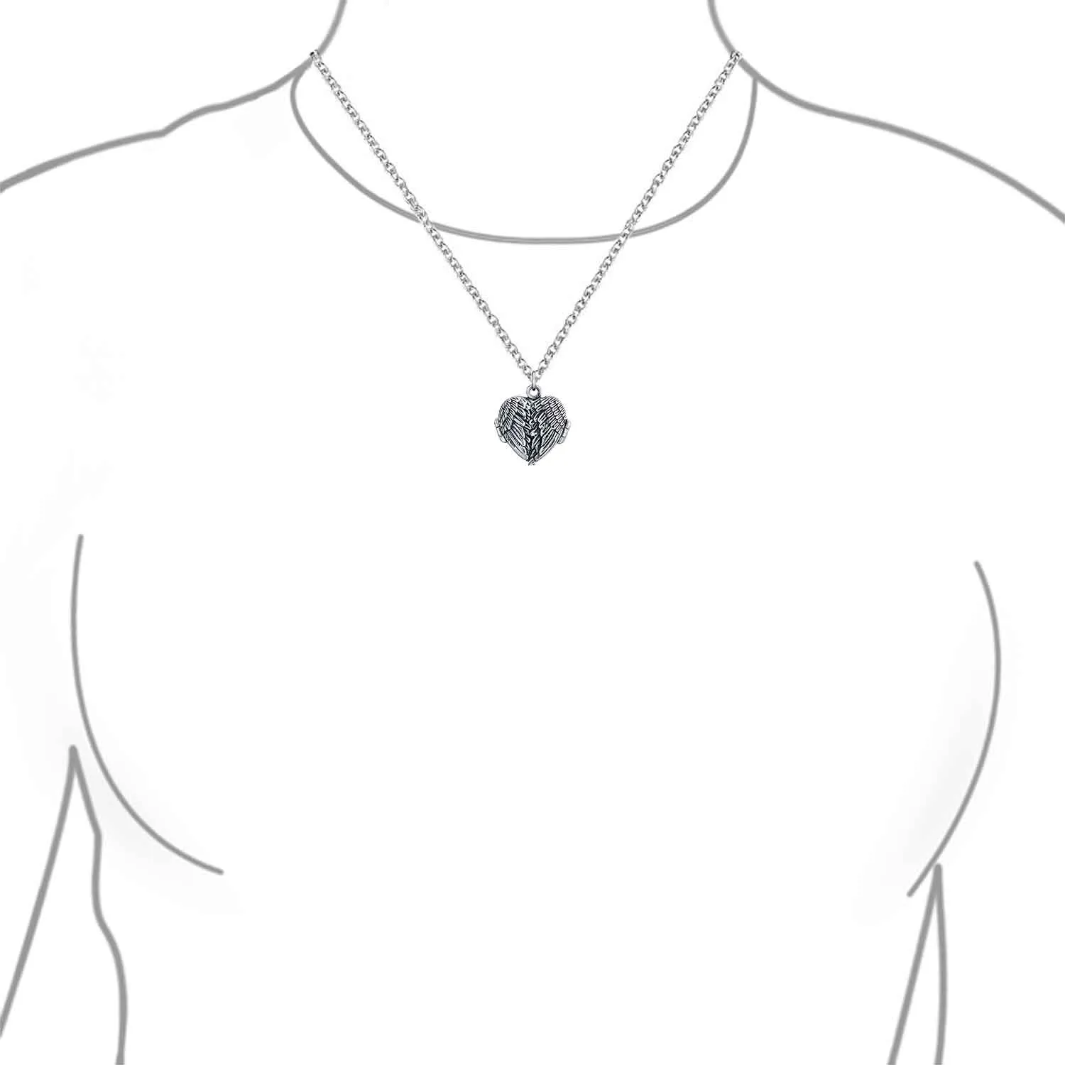 Vintage Style Guardian Angel Wing Heart Photo Locket Necklace Silver Pendant