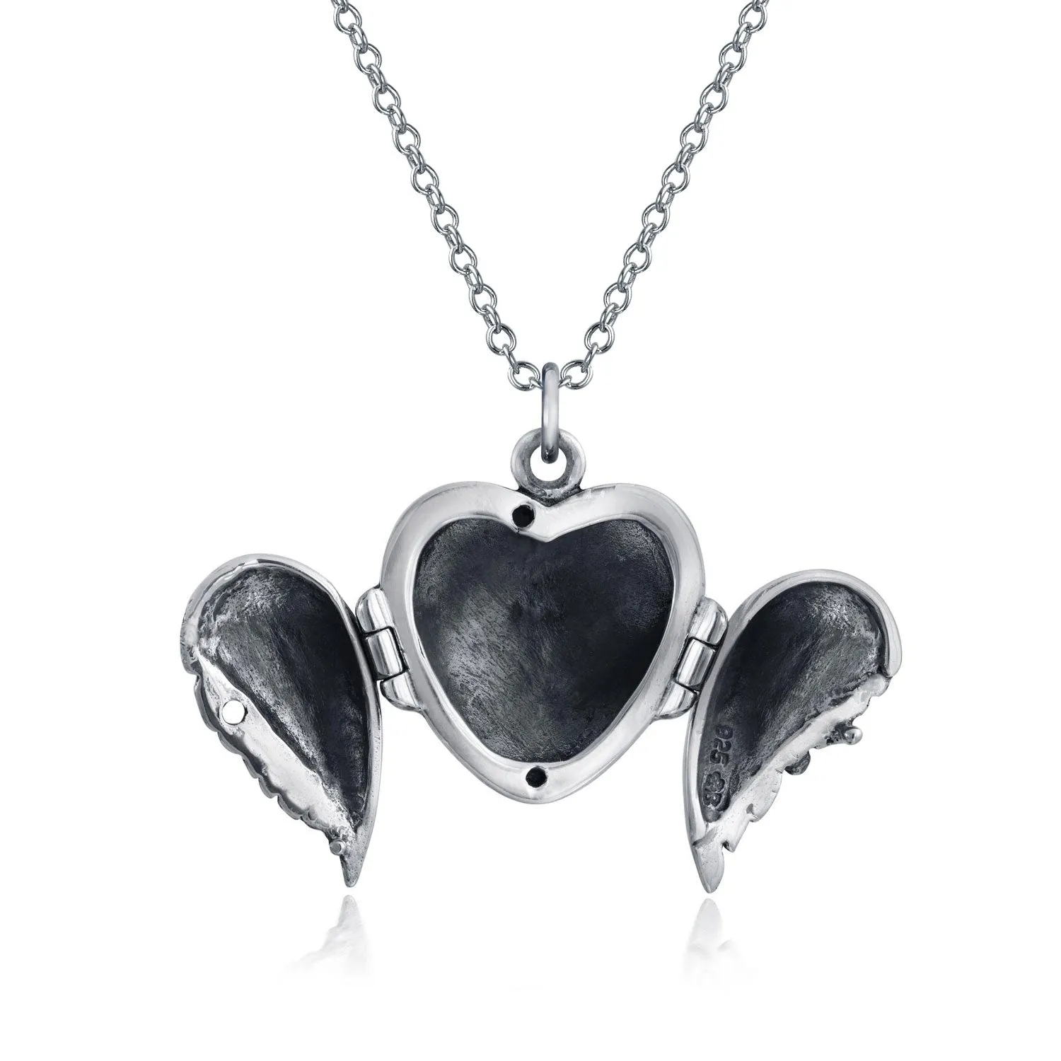 Vintage Style Guardian Angel Wing Heart Photo Locket Necklace Silver Pendant