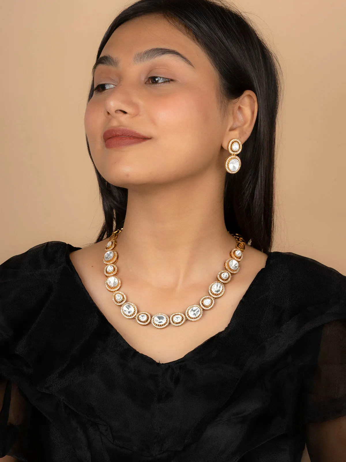 White Color Gold Plated Faux Polki Necklace Set - PK-S125