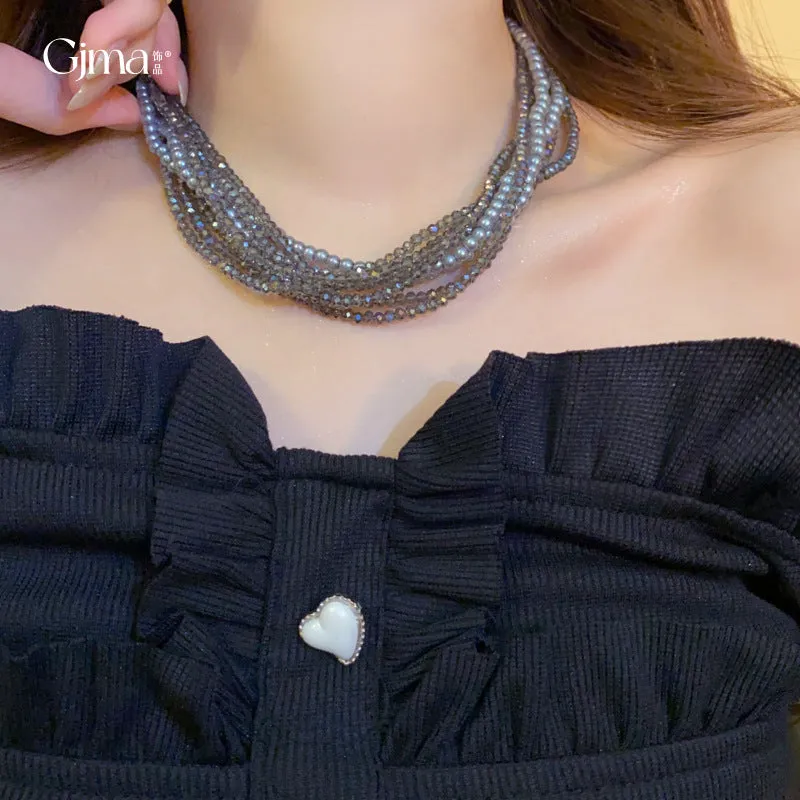 Wholesale Vintage Multi-layered Crystal Pearl Necklace Stylish and Elegant Clavicle Chain