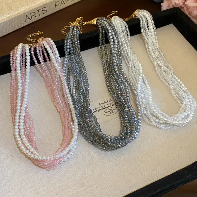 Wholesale Vintage Multi-layered Crystal Pearl Necklace Stylish and Elegant Clavicle Chain